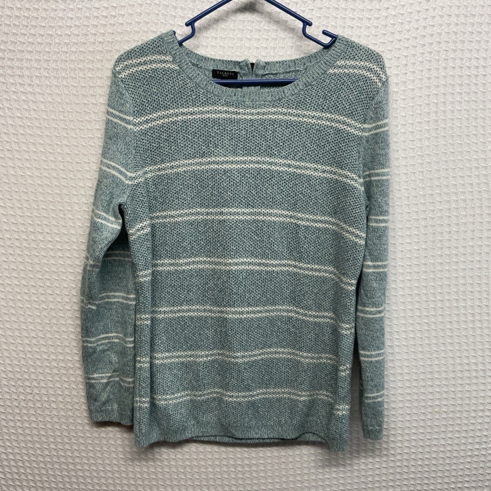 Talbots Womens Striped Waffle Knit Sweater Sz LP Teal White Crew Neck Pullover